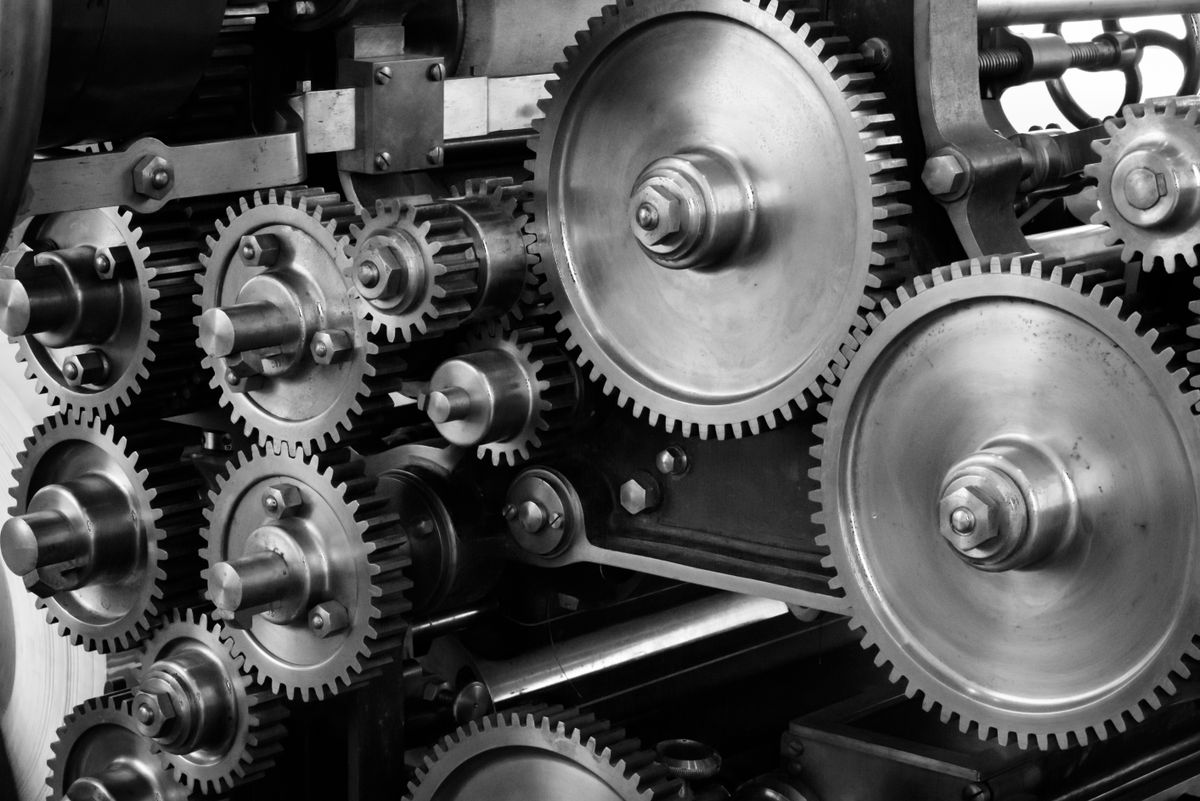 Close-up of gears and machinery components in an industrial setting